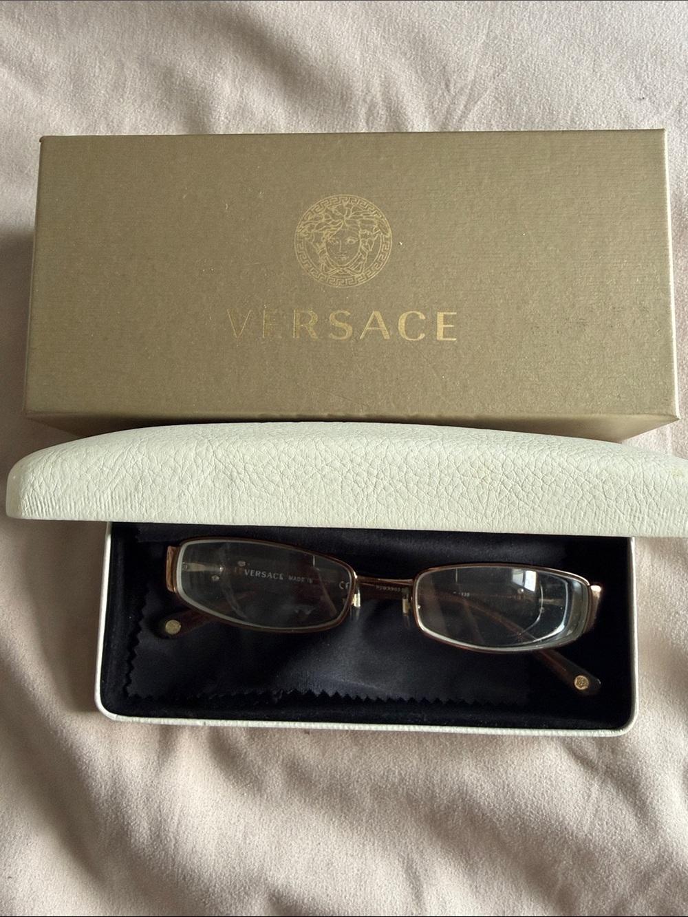 Versace Gold Metal Rectangular Women's Glasses with White Case